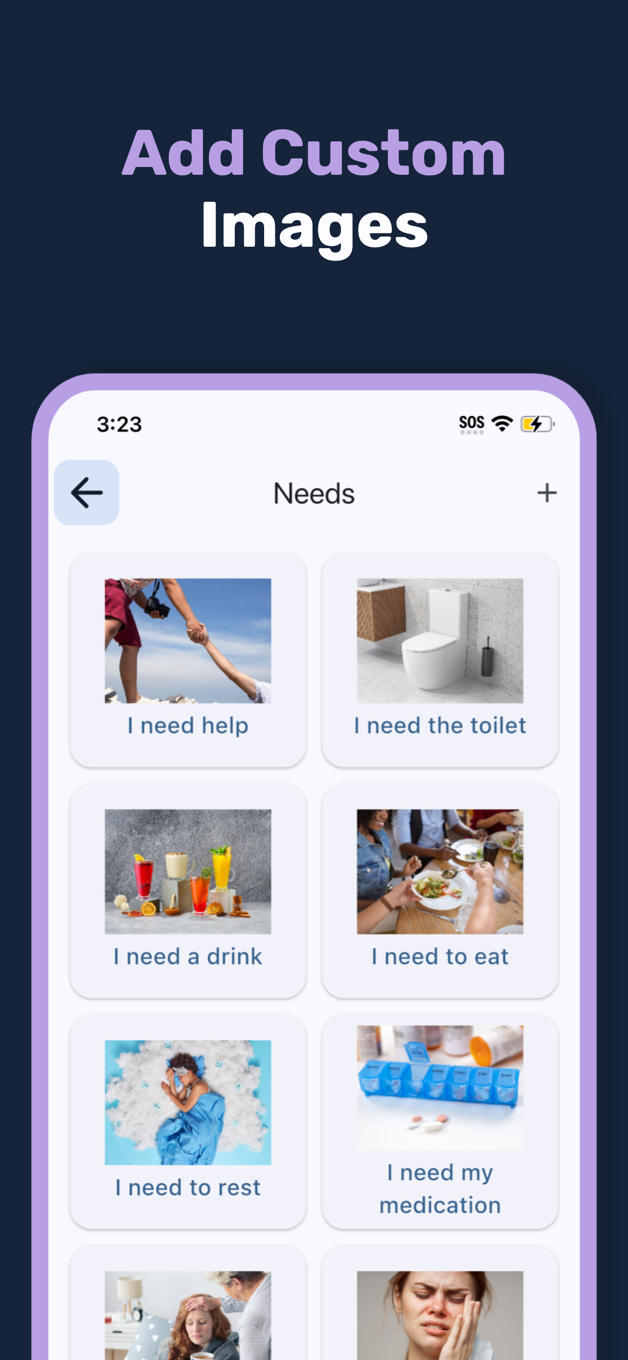 Needs category showing photo tiles such as 'I need help', 'I need the toilet' and 'I need a drink'