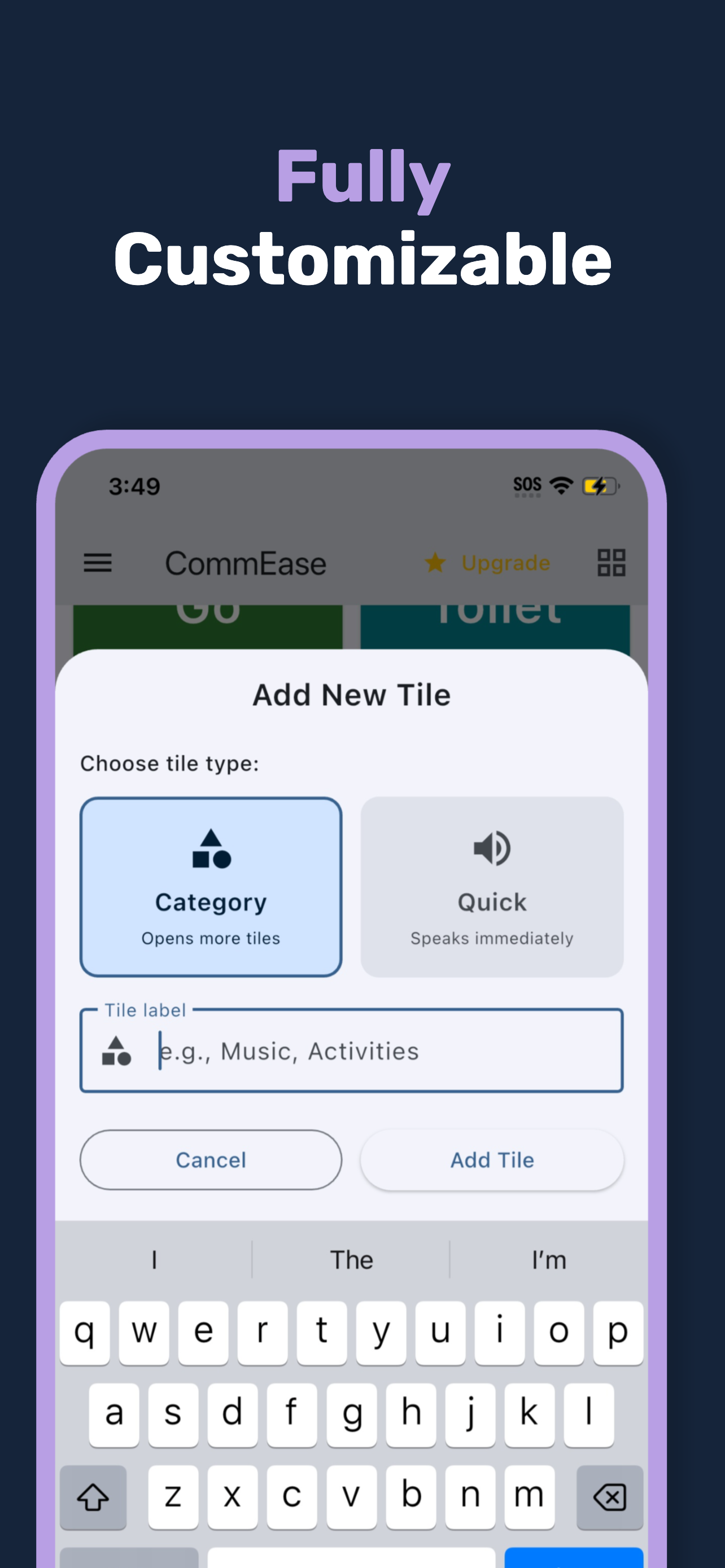 Adding a new tile, choosing between a Category tile or a Quick speak tile